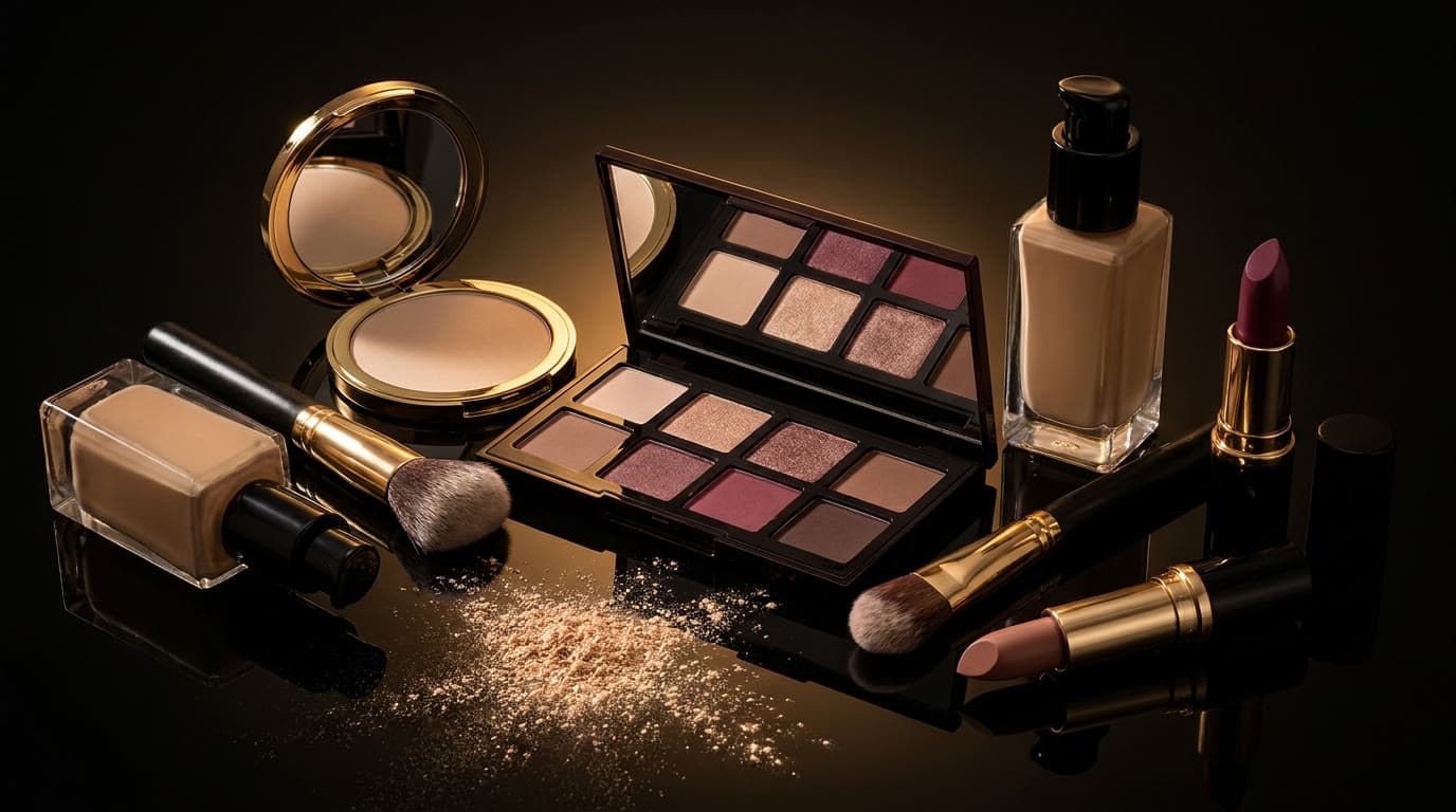Curated luxury cosmetics on a reflective black surface